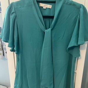 LOFT Green Ruffled Tie Front Blouse